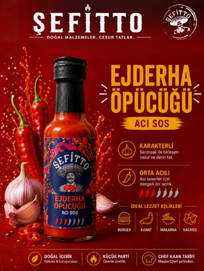 Şefitto Ejderha Öpücüğü acı sos şişesi, kırmızı şili biberleriyle