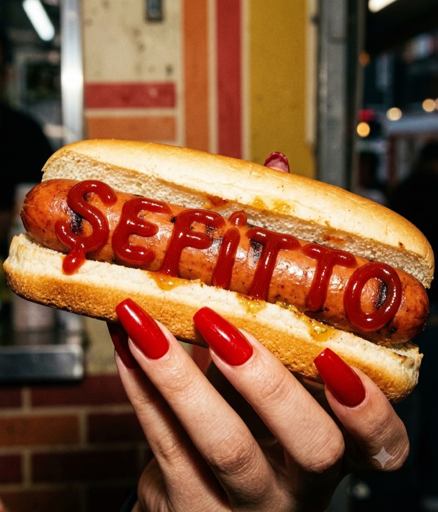 Üzerine Şefitto yazılmış ketçaplı hot dog