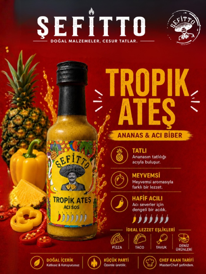 Şefitto Tropik Ateş acı sos şişesi, ananas ve sarı biberlerle
