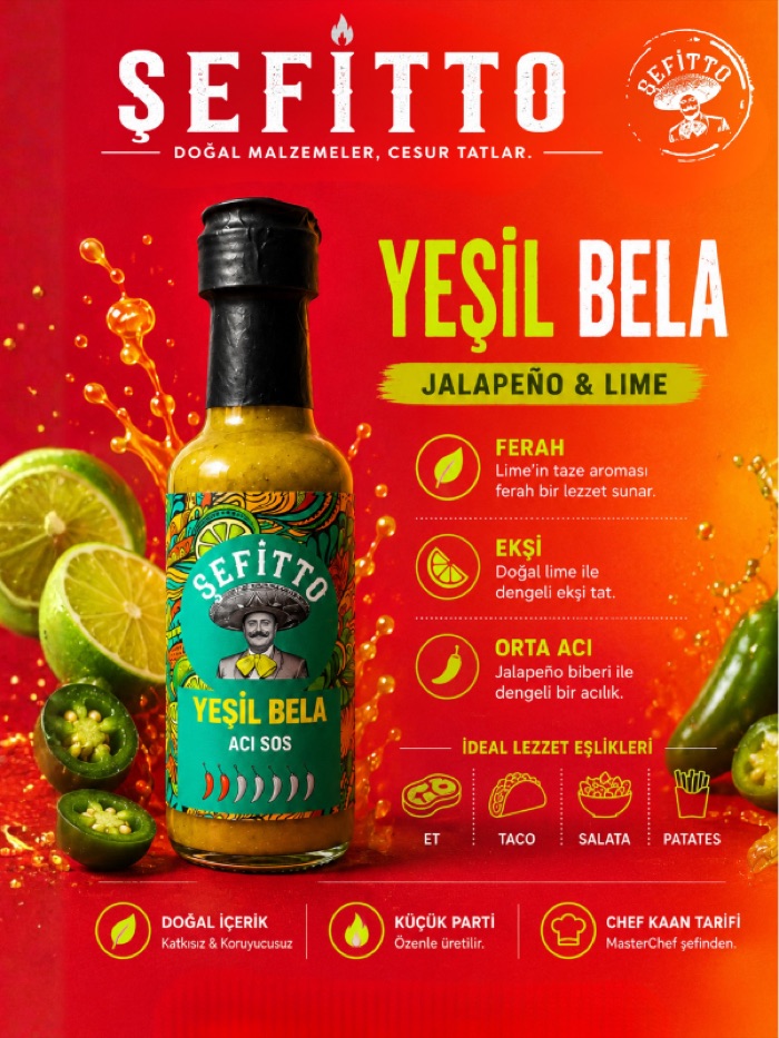 Şefitto Yeşil Bela acı sos şişesi, jalapeño ve misket limonuyla
